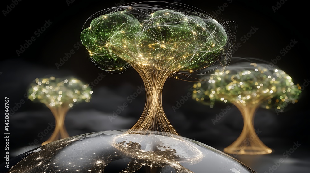 Poster connected global network trees illuminating earth representing data flow and interconnectedness.