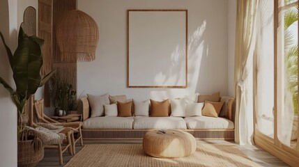 Cozy minimalist living room with natural light and plants