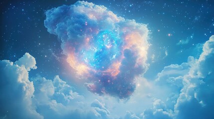A stunning celestial nebula illuminates amongst the beautiful clouds and stars