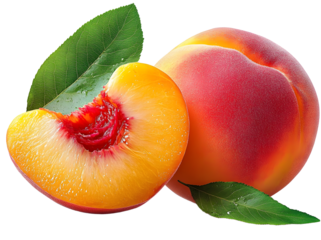 Peach isolated png. Peach with a slice on transparent background. PNG format. Peaches with leaf no background. Full depth of field.