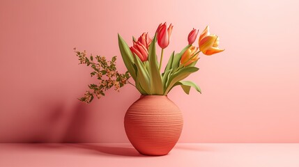 Mixed tulip bouquet in an earthen vase, isolated on a smooth pink backdrop