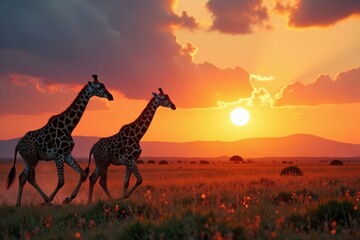 Obraz premium Giraffes running towards sunset, wildlife, giraffes