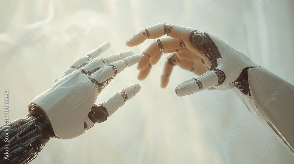 Poster ai, machine learning, hands of robot and human touching on big data network connection background, s