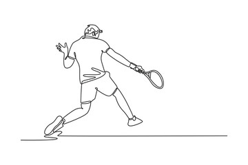 Continuous one line drawing back view tennis player get ready to receive the ball from opponent. Athlete are playing defense with backhand method. Single line draw design vector graphic illustration