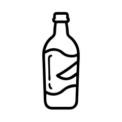 Black and white outline drawing of a glass bottle with a curved label. Simple digital illustration for design elements and graphic resources.. Transparent background
