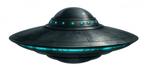 Alien spaceship hovering with blue lights on transparent background