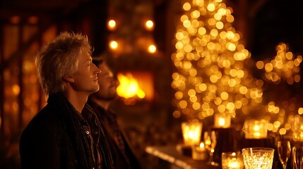 Fototapeta premium Contemplative Moment Man Glimpse Flickering Lights Festive Occasion Warmth Gathering Person Togetherness.