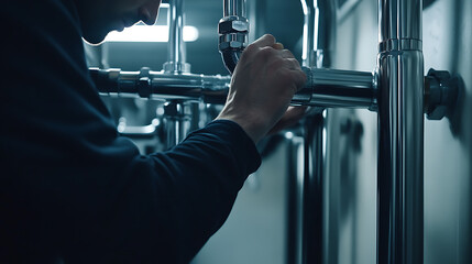 Plumber fitting pipes in bathroom of new house. Featuring precision and installation