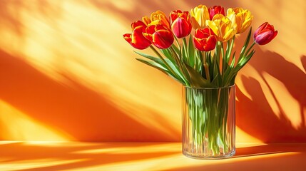 Single vase of red and yellow tulips on a gradient orange background, bright studio light