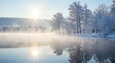 Fototapeta premium Frosty Wonderland: Serene Lake and Snow Covered Trees - Winter wonderland scene, symbolizing peace, tranquility, serenity, beauty, and the magic of winter. Frozen lake reflects the sun