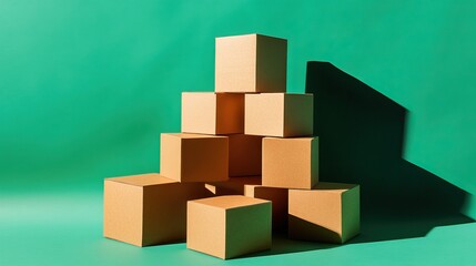 Fototapeta premium Symmetrical stack of kraft boxes on a bright green background with clear lighting