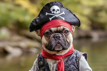 A dog wearing a pirate garment