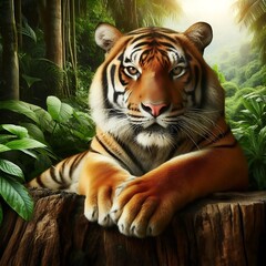 Obraz premium Close-up realistic tiger portrait in forest