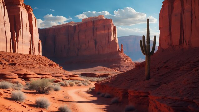 Exploring Scenic Desert Landscape with Cactus and Red Rock Formations