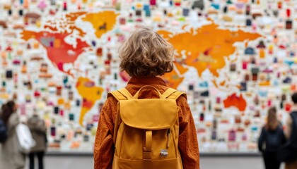 Obraz premium Child gazes at colorful world map mural
