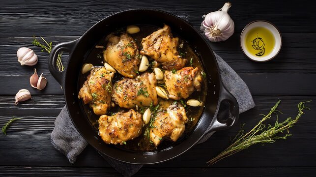 Spanish dinner food pollo al ajillo garlic chicken pieces sauted olive oil and white wine rustic dinner presentation on black wooden background in overhead top down shot
