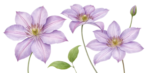 Clematis flowers bloom gracefully with delicate petals showcasing shades of lavender and green leaves, creating serene and enchanting scene