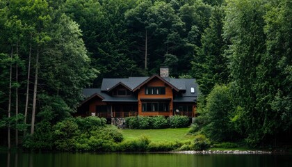 Obraz premium Secluded cabin nestled in a lush forest