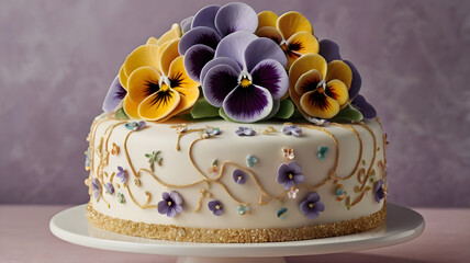 A joyful birthday background with a 3 tier birthday cake, adorned with a cake topper of Happy 50th and delicately crafted frosting decorations. A vibrant and delectable confection, showcasing