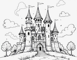 Obraz premium Whimsical coloring sketch of a fairy tale castle, in a dreamy storybook style, black and white, featuring spiral towers and fluttering flags, playful outlines, fun design for all ages