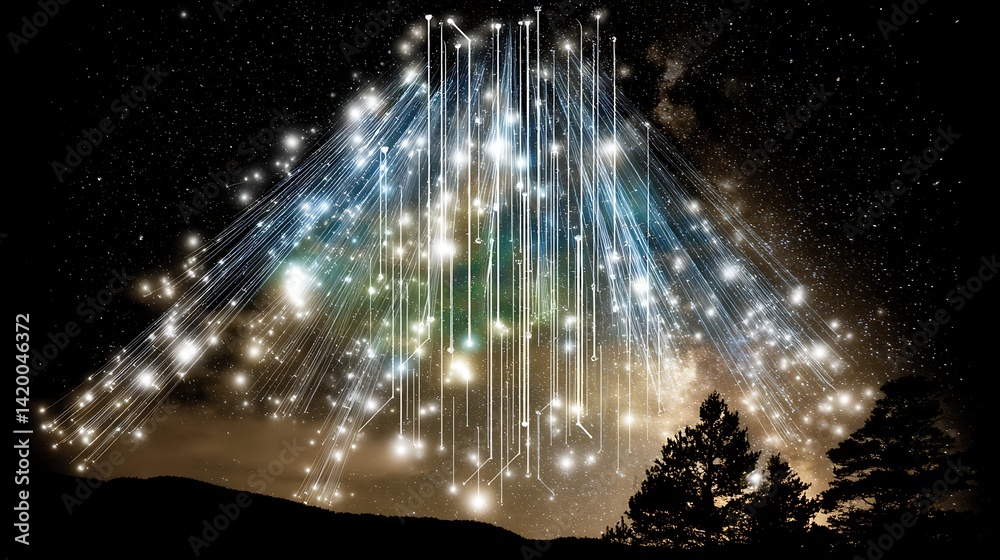 Poster cosmic data stream over landscape with digital stars and lines creating abstract galactic flow.