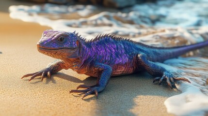 Naklejka premium Iridescent lizard on sandy beach, ocean waves