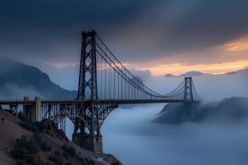 Fototapeta premium Majestic steel bridge photographed from a diagonal angle in a misty canyon, in a dramatic architecture photography style, with slate blue tones, soft twilight light, high resolution