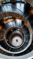 Obraz premium Majestic spiral staircase photographed from a bird's eye angle in a modern atrium, in a dramatic architecture photography style, with deep contrast tones, sharp artificial light, high resolution