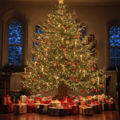 decorated christmas tree, christmas tree with gifts, christmas tree with presents