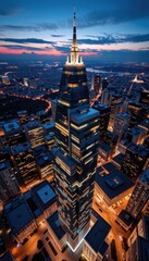 Naklejka premium Majestic modern skyscraper photographed from a worm's eye angle in a twilight skyline, in a dramatic architecture photography style, with cobalt blue tones, glowing city light, high resolution