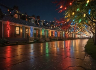 Obraz premium Vibrant red, green, blue, & yellow Christmas lights twinkle festively , merry, festive background