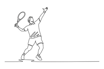 Continuous one line drawing professional tennis player serves tennis ball with precision and power. Sportsman practicing his skills and technique. Single line draw design vector graphic illustration