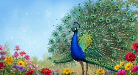Obraz premium Peacock in a Garden of Blooms - A majestic peacock displays its vibrant plumage amidst a profusion of colorful flowers, symbolizing beauty, pride, nature's artistry, transformation, and serenity