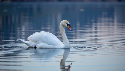 Naklejka premium Graceful swan photographed in a floating pose in a tranquil lake, in a serene wildlife photography style, with pastel blue tones, calm evening light, high resolution