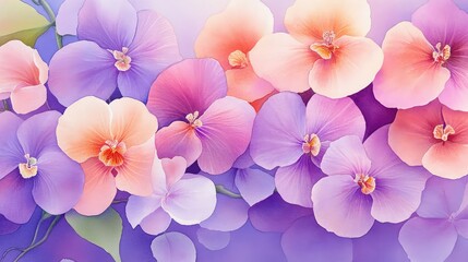 Delicate orchid blossoms painted in watercolor, arranged in a loose floral pattern, shades of purple and pink