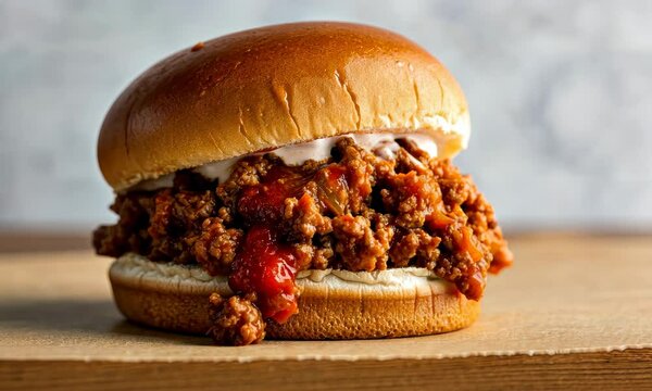Classic sloppy joe sandwich with seasoned ground beef and soft bun on wooden surface