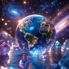 Glowing globe surrounded by crystals against a cosmic background Generative AI