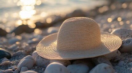 A woven straw sun hat resting on a pebble beach shoreline