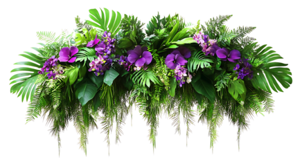 Lush tropical floral arrangement with green palm leaves, purple flowers, and hanging vines and ivy, on islated transfarent background, PNG.