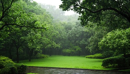 Lush park in a misty rain