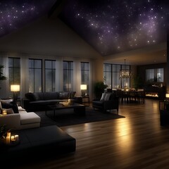 Cozy Interior Scene at Night with Soft Lighting and Window View of Stars in an Elegant Residence.