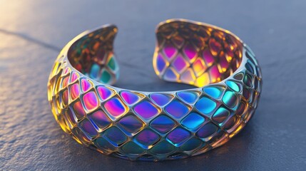 Fototapeta premium A beautiful iridescent and textured open bangle bracelet displays prominently