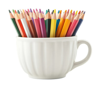 Colorful pencils in white cup creative workspace still life isolated on transparent background