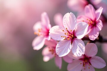 Delicate pink cherry blossoms, full bloom, soft petals, elegant, petals