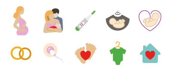 Pregnancy and baby icon. Colorful symbols of parenthood, conception and infant care. Family planning and fertility illustration. Cartoon signs for parenting, maternity services and childcare designs.