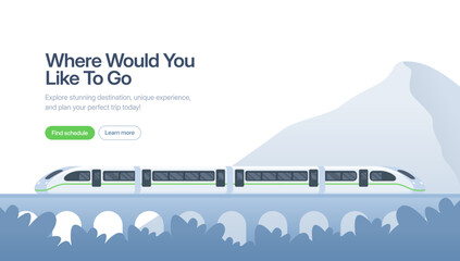 A white train crosses a bridge near a mountain flat illustration. It is ideal for website banners, travel posters, transportation themes, and scenic railway marketing materials.