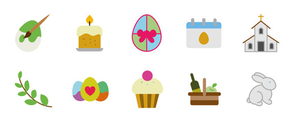 Easter celebration icon set. Colorful holiday elements including decorated eggs, church, candle, rabbit and festive food. Christian tradition and spring festival symbol. Religious events concept.