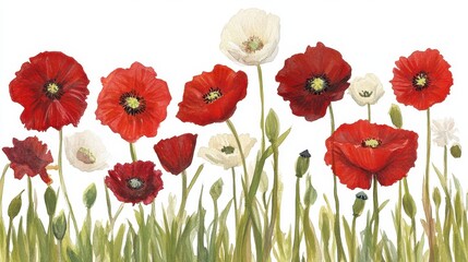 Fototapeta premium Poppy Panorama Watercolor red white flowers amidst buds grassy stems on white