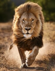 Obraz premium Fotografía de un León enojado corriendo hacia la cámara, toma de cuerpo entero, realista, hiperrealista al estilo de un artista fotorrealista.