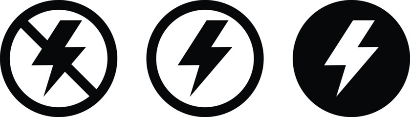 Lightning and no lightning icon set. three different symbols of lightning in black and white. isolated on white background
